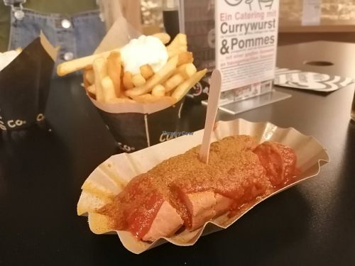Currywurst with spicy sauce, fries with vegan mayo. Good portion too. €6.50. Highly recommended at Curry Co in Leipzig