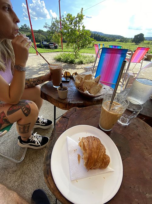 Vegan croissant, bread basket and iced chocolat.  at Malabar Empório Cultural e Café in Itatiba