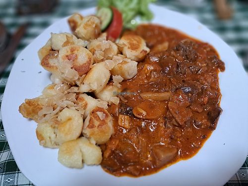 Mushroom stew with dödölle (vegan) at Őrszem Fogadó in Szalafo