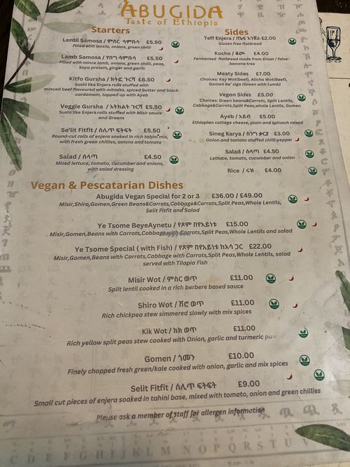 Vegan options clearly labeled   at Abugida  in South West London