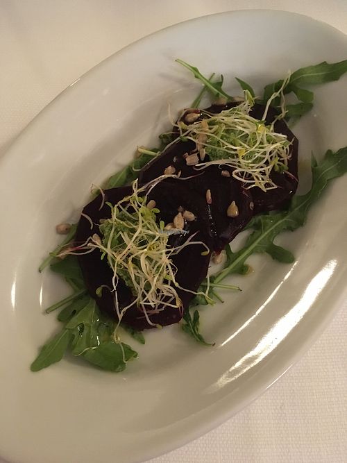 Beetroot with raw pesto and sprouts at Giuly Ristorante Vegan in Viareggio