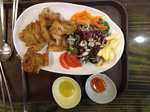 Salad and fried "chicken" tenders at Loving Hut in Jeju