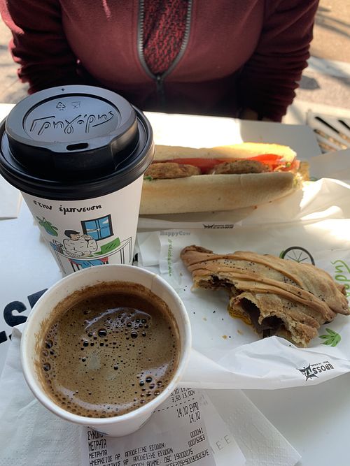 Cappuccino with almond milk, Greek black coffee, vegan baguette and the mushroom pie.  at Gregory's in Kalamata