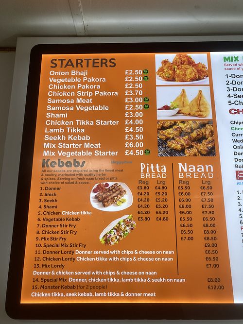 Vegan labeled menu items  at Ali Baba  in Todmorden