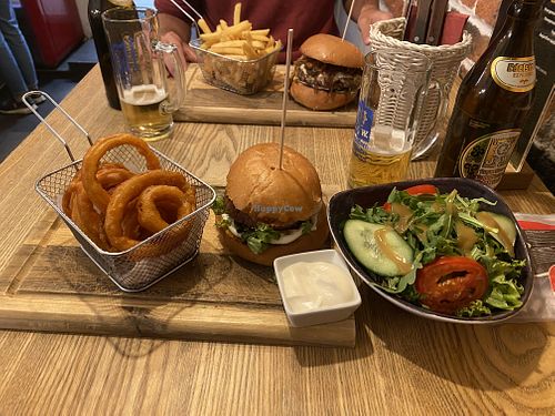 Vegan burger, onion rings, and side salad  at Burger Factory in Graz