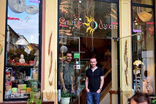 my 2 friends, at the entrance at Sunmoon - Septemvri in Sofia