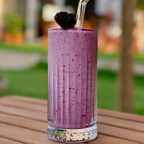 Purple smoothie with berries, vegan milk and bananas. at Love Breakfast  in Fethiye