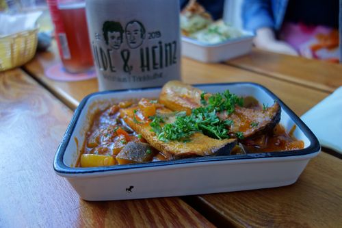 Kräuterseitling  / king oyster mushroom with potatoes and ratatouille vegetables (vegan) at Hilde & Heinz in Saarbrucken