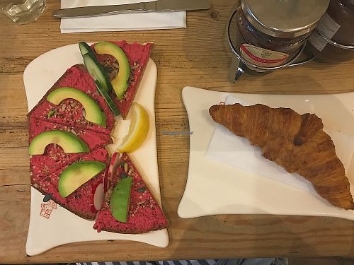 Beetroot hummus and avocado open sandwich at Le Pain Quotidien - Spuistraat in Amsterdam