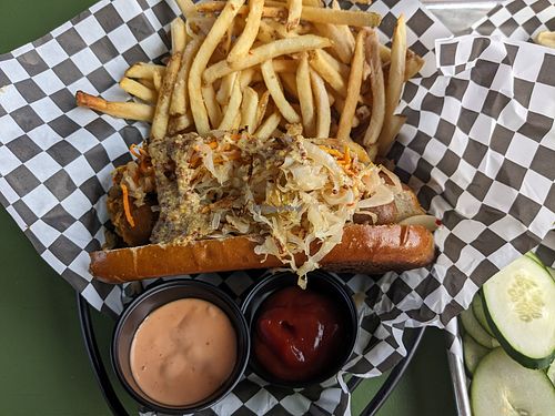Salt and vinegar fries and veggie sausage with beer mustard and sauerkraut at Ferment Brewing Company in Hood River