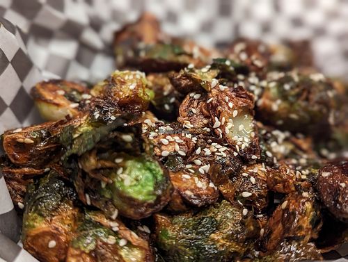 Miso Maple Glazed Fried Brussels, a lot of which were burnt at Ferment Brewing Company in Hood River