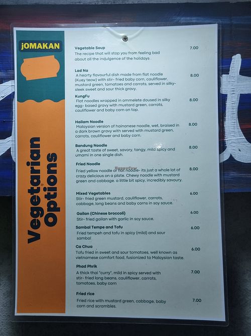 Veg menu at Tony's Corner in Langkawi