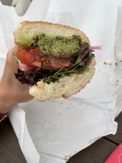 Inside of the falafel sandwich w added avocado smash  at Eastcut Sandwich Bar in Durham
