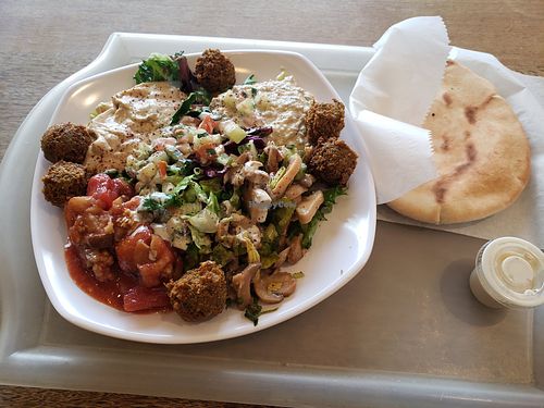 4x6 Combo with mushrooms, baba ganoush, green chile hummus, and roasted eggplant with tomatoes at Falafel King in Denver