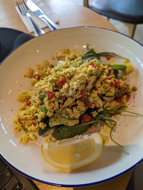 Tofu scramble, usually comes on mushrooms, subbed it with toast. Generous portion. at The Coffee Club in Abu Dhabi