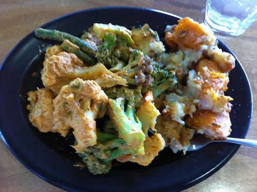 $10 plate of Indian Vegetable Curry and Lentil Pie with Potato Top at Giri Kana Cafe in Southport