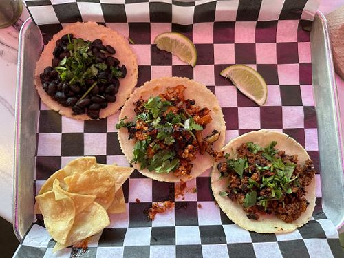 Black bean, vegan chorizo, and vegan el pastor tacos  at Tight Tacos in Portland