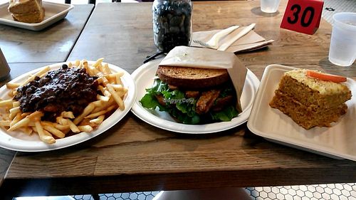 Chili cheese fries, club sandwich, and bunny love cake at Healthy Junk in Anaheim