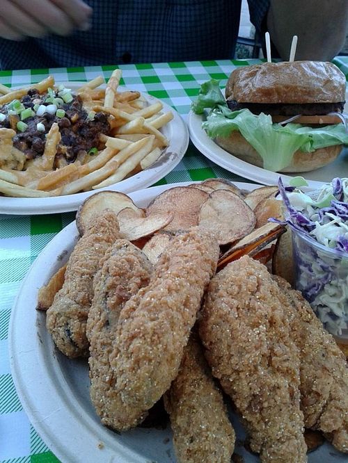 Fantastic junk: burger, chili fries and fish n chips! at Healthy Junk in Anaheim