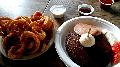 Pancakes, bacon, and curly fries  at Healthy Junk in Anaheim