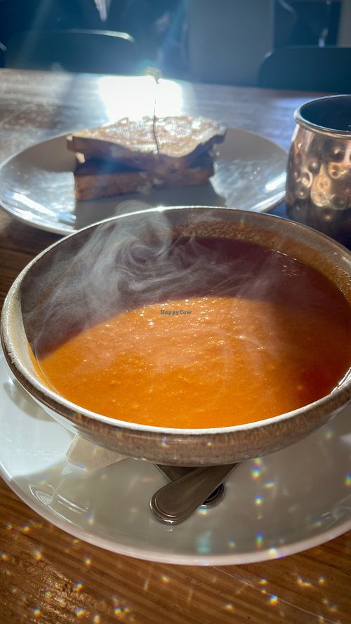 Tomato soup with grilled cheese   at Heirloom in Vancouver