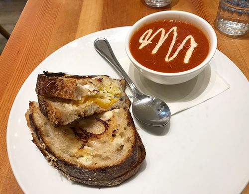 Grilled vegan cheese and soup  at Heirloom in Vancouver