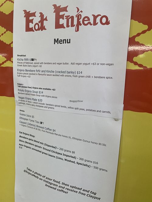 Detailed menu  at Eat Enjera  in Melbourne