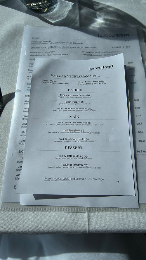 Vegan menu as at August 2025 at Harbourfront Seafood Restaurant  in Wollongong