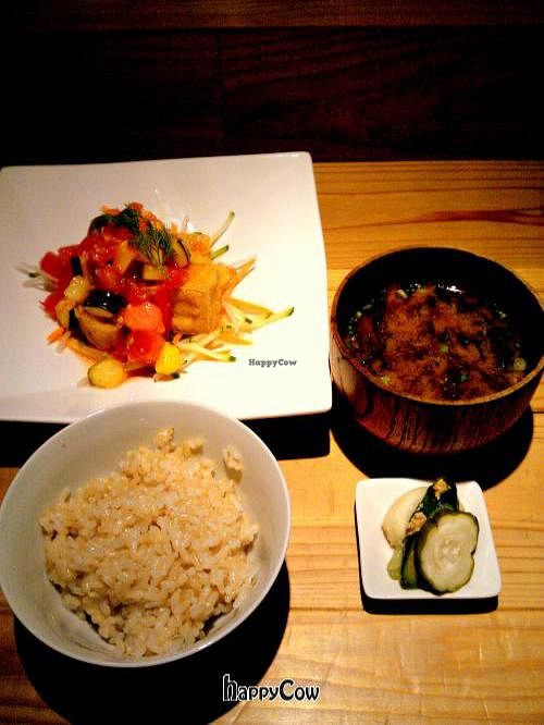 Brown rice, crispy tofu cubes in tomato sauce, miso soup, pickles at Tamana Shokudo in Tokyo