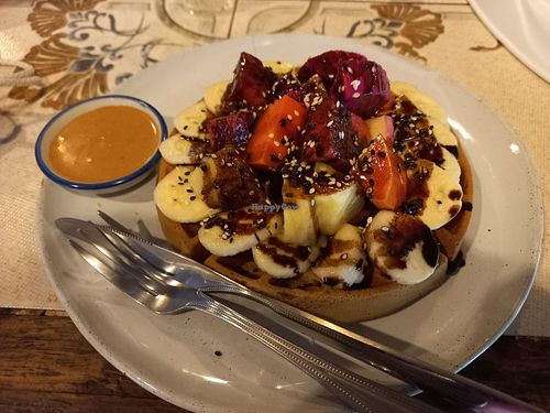 Waffles with fruit, choc sauce and peanut butter at Earth Tone in Pai