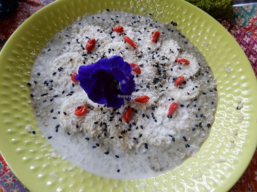 Chia pudding with cocount, banana and sesame seeds.  at Earth Tone in Pai
