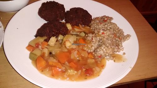 Buckwheat, vegetables, faux-meatballs at Lemuria Halsa Skonhet in Stockholm