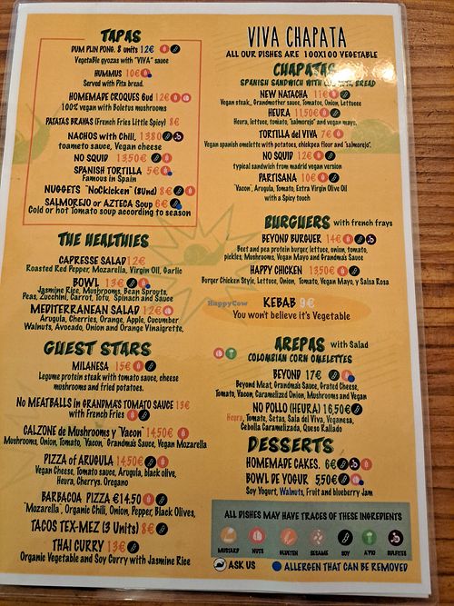 Menu at Viva Chapata in Madrid