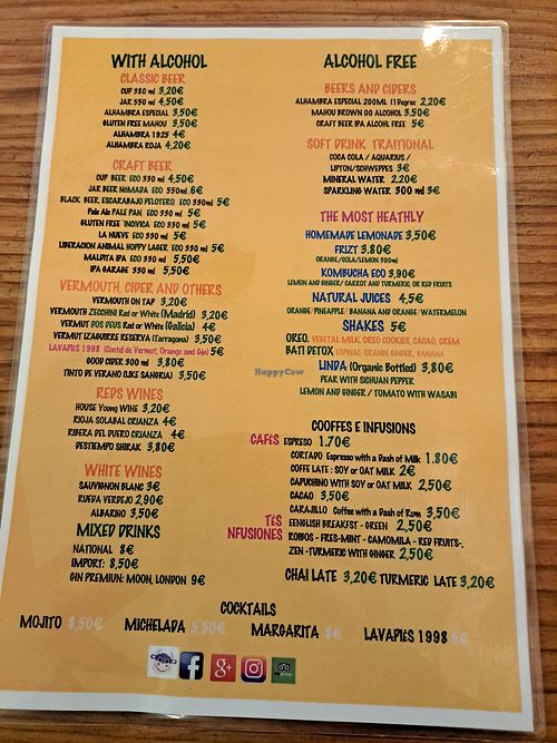 Drinks menu at Viva Chapata in Madrid
