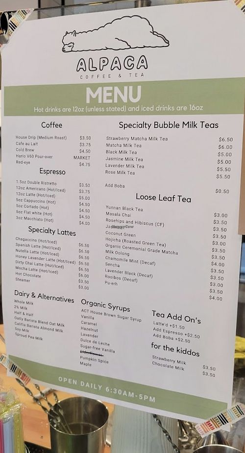 Drink Menu  at Alpaca Coffee & Tea in Idyllwild