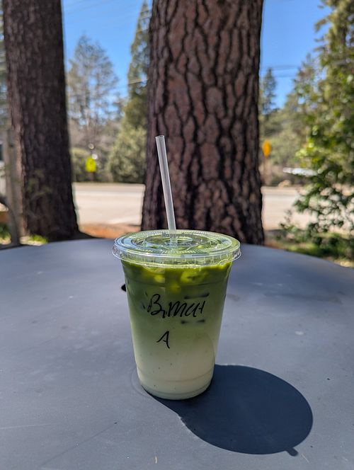 Banana matcha latte with almond milk at Alpaca Coffee & Tea in Idyllwild