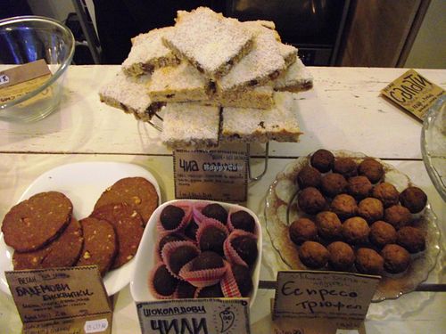 Almond biscuits,chea cake,espresso truffles  at Vegan Kitsch in Sofia