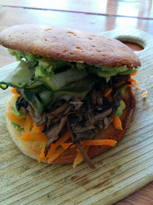 pulled miso mushroom burger at Pollen Tea Room in Battery Point