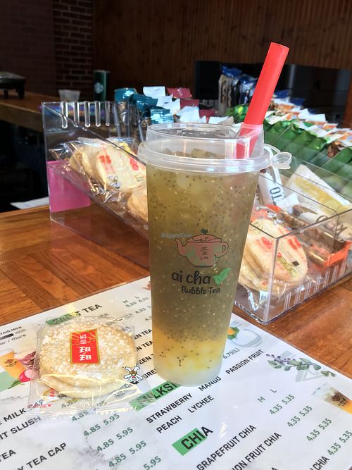 mango green tea with lychee bobas  at Ai Cha Milk Tea in Lexington