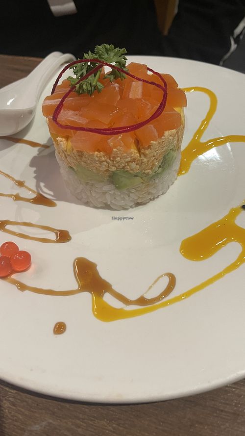 Salmon tower - wow!!!  at Vegan Shoku in Vancouver