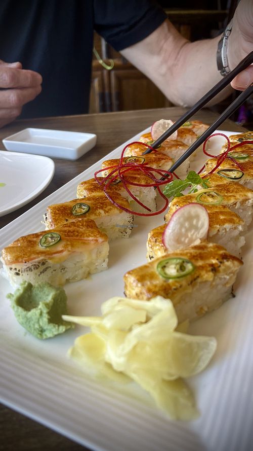 Salmon Avocado and Crab Oshisushi   at Vegan Shoku in Vancouver