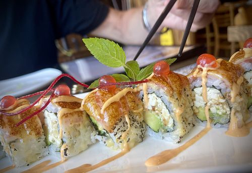 Salmon on fire Oshisushi  at Vegan Shoku in Vancouver