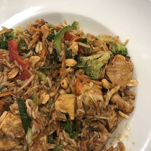 Brown rice, tofu, peanuts, and veggies. Lots of vegan combinations to be made. Helpful staff with good knowledge of vegan.  at Wok to Walk in Sao Miguel