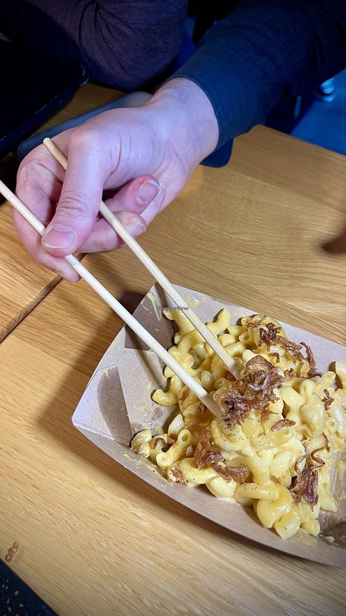 Mac and cheese with chopstickss  at REDWHITE BONELESS RAMEN - Studio City in Studio City