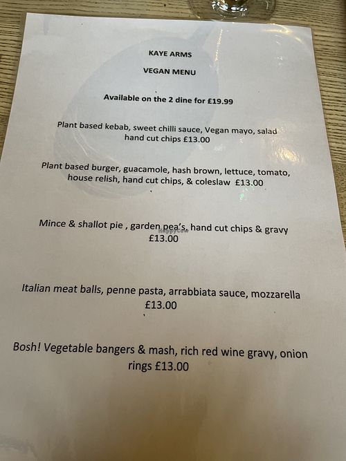Vegan menu  at The Kaye Arms in Wakefield