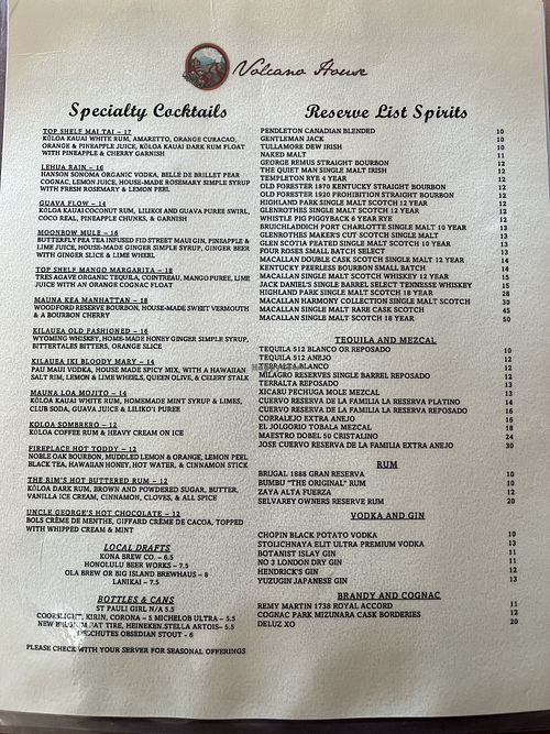 Drink menu  at The Rim in Volcano