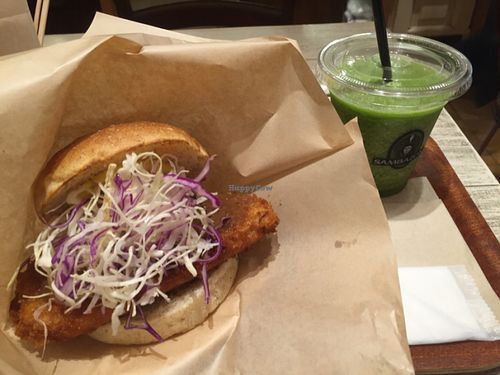 tofu miso burger and green smoothie  at Acai Cafe - Island Veggie in Tokyo