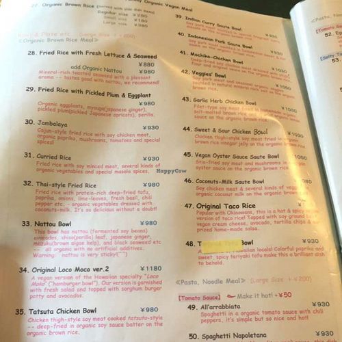 just some of the super extensive vegan menu! at Olu Olu Cafe in Tokyo