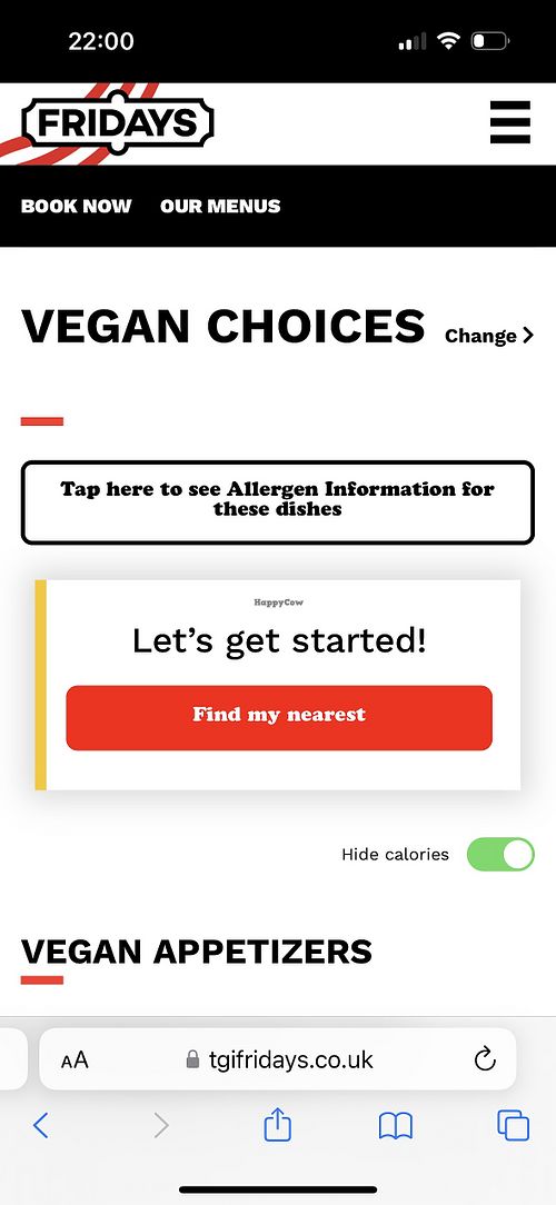 Vegan specific menu   at TGI Fridays in Braintree