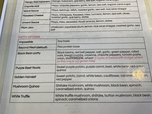 burger patty options  at RawASF in San Jose